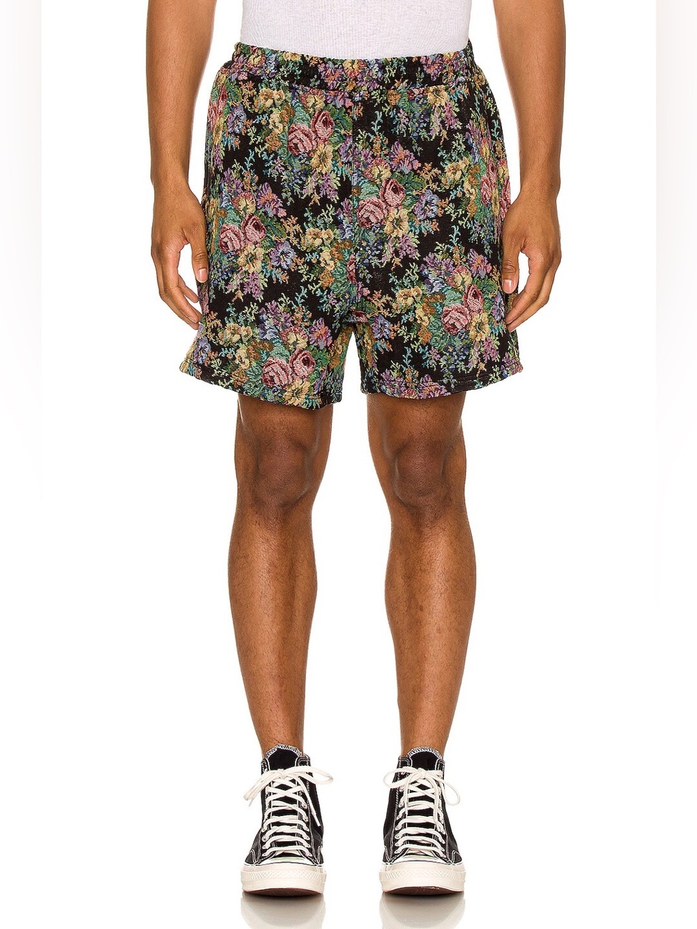 RARE PLEASURES Destiny Woven Shorts Black Floral Tapestry Size L